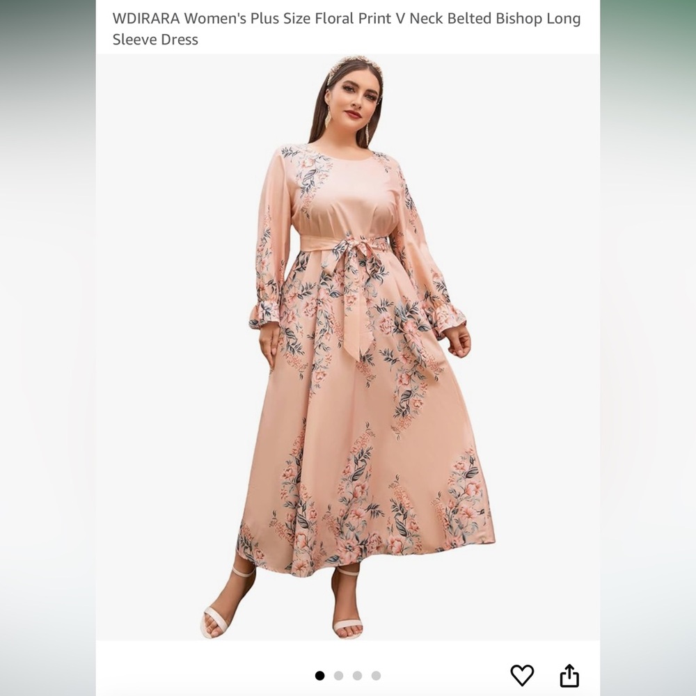 WDIRARA Women's Plus Size Floral Print V Neck Belted Bishop Long Sleeve Dress
